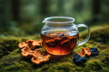 A glass teapot filled with amber liquid and dried mushrooms sits on a mossy surface, creating a serene and earthy still life.