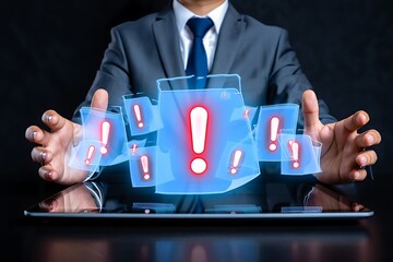 Businessperson Interacting with Holographic Error Alerts person suit