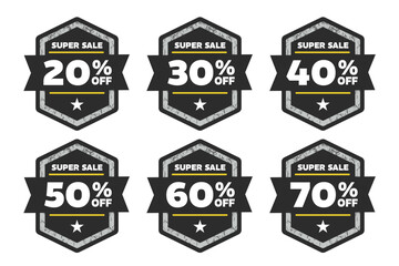 super sale, price discount 20 30 40 50 60 70 percent off – label sticker set – vector illustration