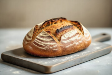 A rustic loaf of sourdough bread sits on a wooden cutting board, showcasing its textured crust and artisanal appearance.