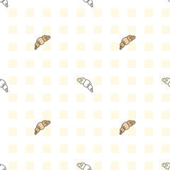 Seamless pattern with hand-drawn croissants on a light checkered background. Cute and minimal French bakery design, perfect for packaging or textiles.
