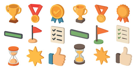 Awards and achievements icons set – isometric, trophy, medal, success symbols