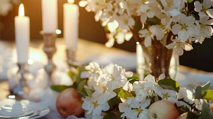 A table centerpiece featuring apple blossoms and candles, suitable for festive or wedding settings.