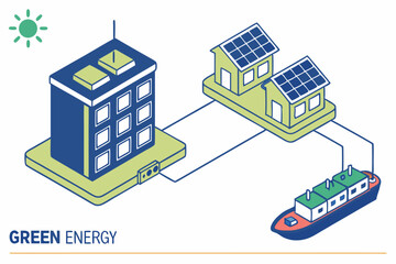 Fototapeta premium Green energy network concept, solar powered building, houses, ship, sustainable power grid, eco friendly energy distribution, renewable resource, clean technology, environmental harmony.