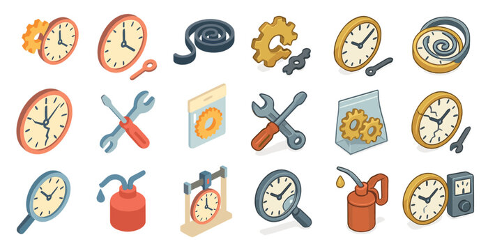 Time management tools isometric icons set – clock, gears, schedule planning