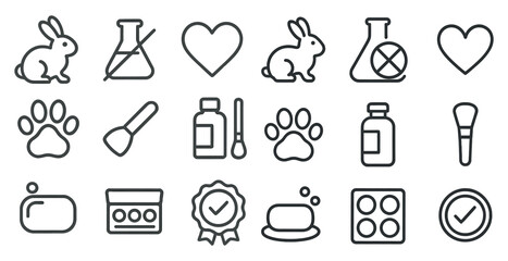 Animal testing free outline icons set – cruelty-free, vegan, ethical symbols