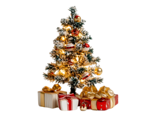 A small christmas tree decorated with lights and ornaments with gifts underneath on white or transparent background