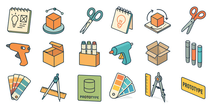 Prototyping and design icons set – outline, linear, creative tools and materials
