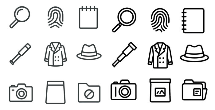 Detective tools line icons set – outline, investigation and mystery symbols