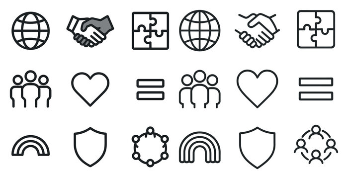 Communication and teamwork outline icons set – linear, collaborative, connection symbols