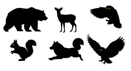 Obraz premium Majestic Wildlife Silhouettes Bear Deer Wolf Squirrel Owls Nature Animals Forest Creatures