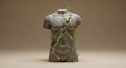 Surreal sculpture of a cracked male torso made from stone, with golden seams and green plants growing through the breaks, symbolizing healing, growth, and transformation.