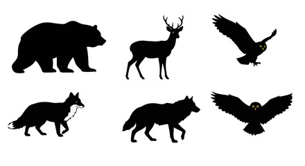 Naklejka premium Majestic Wildlife Silhouettes Bear Deer Wolf Fox Owl Nature Animals Set Graphic Design
