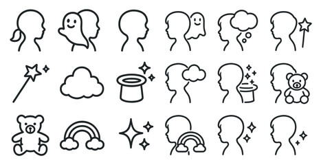 Children's magic icon set – outline, linear, fantasy and playful symbols