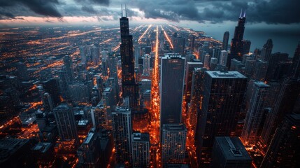 Fototapeta premium Aerial view of a city at twilight, illuminated streets, skyscrapers