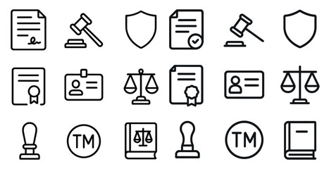 Fototapeta premium Legal and justice outline icons set – linear, silhouette, law and court symbols