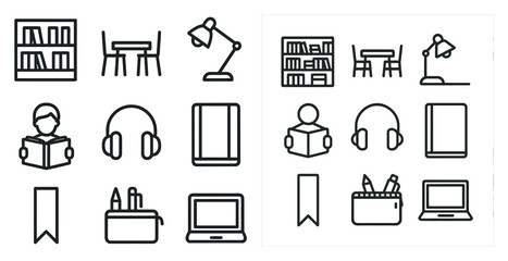 Library and study icons set &ndash; outline, linear, reading and education symbols