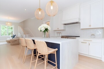 Elegant modern kitchen with island, white cabinetry, wooden bar stools, pendant lighting, open layout, luxurious bright interior, contemporary design, spacious family living, copy space

