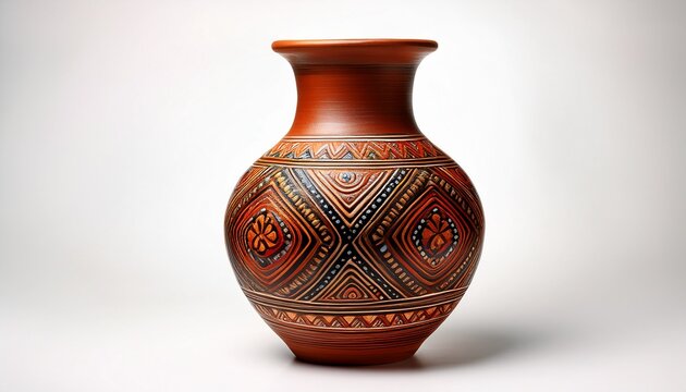 a realistic image of an ethnic pottery vase with hand painted motifs on a white background