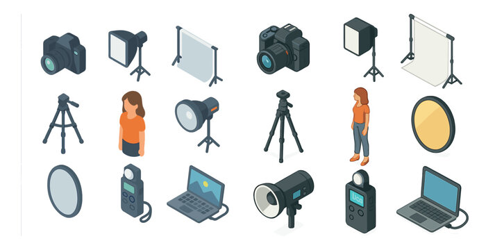 Photography equipment isometric icons set &ndash; camera, tripod, studio gear illustrations