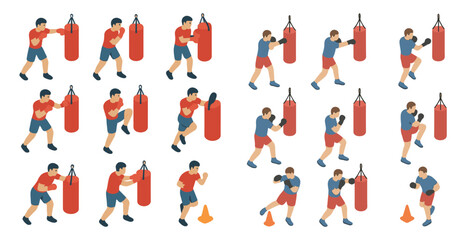 Boxing training flat icons set &ndash; workout, exercise, fitness symbols