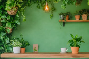 Home office or cafe wall with green paint, potted plants on shelf, cozy wood table, minimalistic decor, natural lighting, tranquil workspace, biophilic inspiration, copy space

