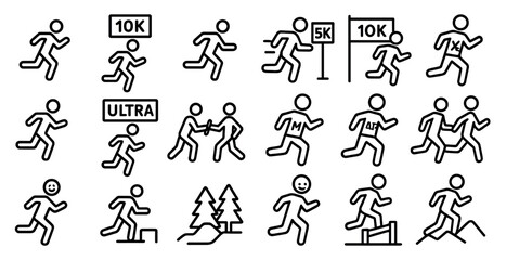 Marathon running line icons set – outline, sports, fitness symbols for runners