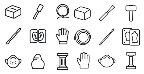 Carpentry and woodworking outline icons set – solid, tools, construction essentials