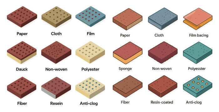Sandpaper and abrasives icons set &ndash; flat, filled, polishing, grinding tools