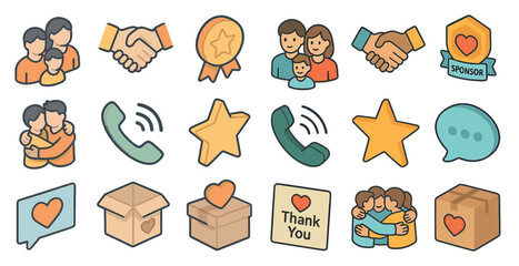 Family and community flat icons set – outline, filled, communication and relationship symbols