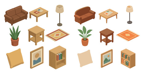 Home and living icons set &ndash; isometric, furniture, decor for interior design