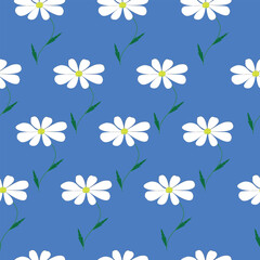 A delicate floral seamless pattern with white chamomile flowers on a calm blue background. Perfect for textile design, wallpapers, eco-friendly packaging, wrapping paper, endpaper,