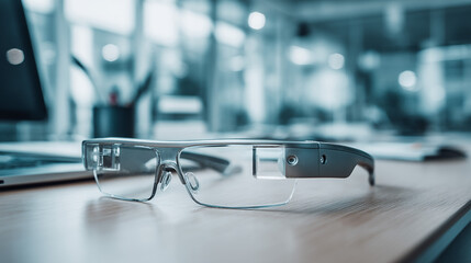 Close up of smart glasses on a desk in an office setting with a blurred background and a laptop visible