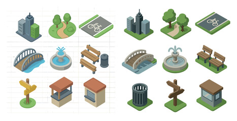 Urban landscape isometric icons set – city planning, architectural design symbols