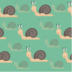 A cheerful seamless pattern featuring cute cartoon snails on a mint green background for children's products, endpaper, fabric, stationery, and playful digital projects. 