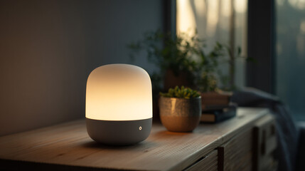 Illuminated bedside lamp on a wooden surface with a plant and window in the background indoors