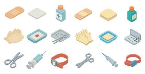 Medical supply isometric icons set – healthcare, tools, and equipment symbols