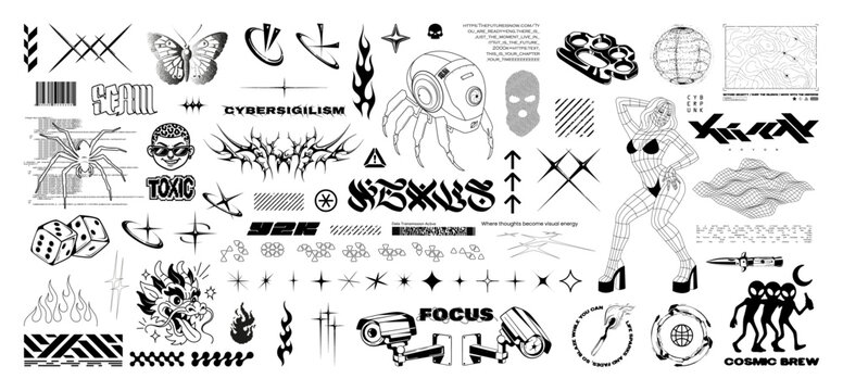 Y2K-inspired, retrofuturistic and brutalism elements in street aesthetics and trendy prints for clothing brand, T-shirts, typography. Streetwear prints, Y2K style with lettering. Vector graphic pack