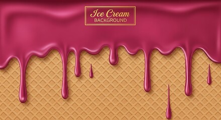 Obraz premium Delicious burgundy ice cream dripping on a waffle cone food background