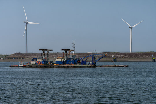 dredger is anchored in the North Sea Canal in the Netherlands
