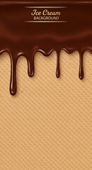 Delicious melted chocolate dripping over a crisp waffle cone texture background.