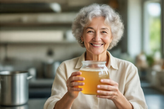 A smiling senior woman with gray hair holds a jar of honey in a bright, modern kitchen.