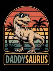 Retro T-Rex Dinosaur Wearing Sunglasses with Daddy Saurus Text and Vintage Sunset Background