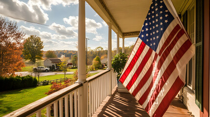 American flag on porch with scenic, sunlit view