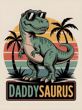 Retro T-Rex Dinosaur Wearing Sunglasses with Daddy Saurus Text and Vintage Sunset Background