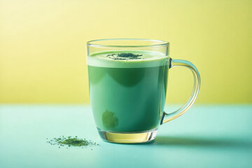 A clear glass mug filled with vibrant green matcha latte sits on a teal surface against a bright yellow background.