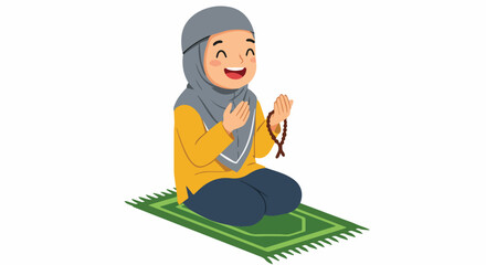 Young Muslim girl praying and holding prayer beads