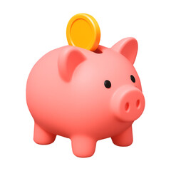 Pink piggy bank with gold coin 3d render isolated on transparent background
