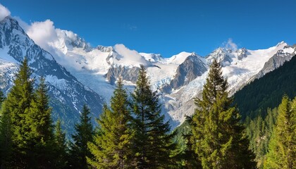 Fototapeta premium green pine trees in foreground with snowy chamonix mountains under soft light