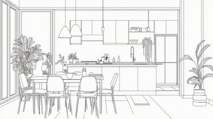 Line drawing of a modern kitchen and dining area.